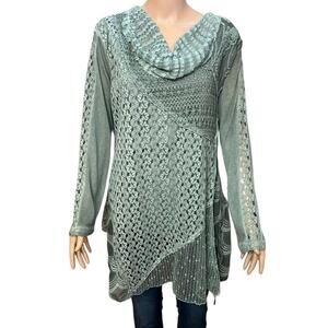 Simply Couture Crochet Mixed Media Tunic Top XL Green Lagenlook Artsy Romantic